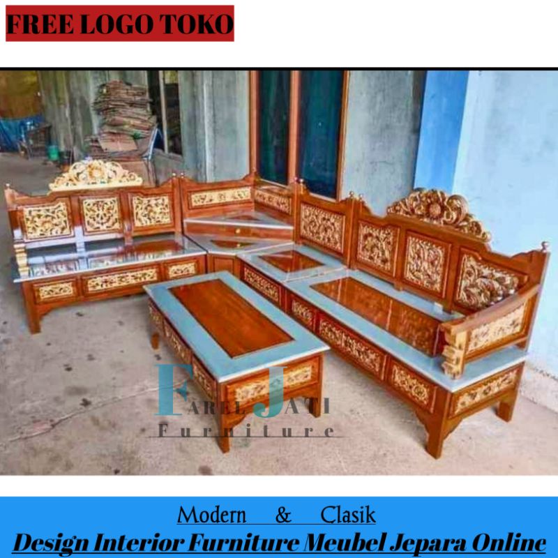 KURSI SUDUT MINIMALIS / KURSI TAMU MINIMALIS JATI UKIR BAGONG FURNITURE KURSI RUANG TAMU L