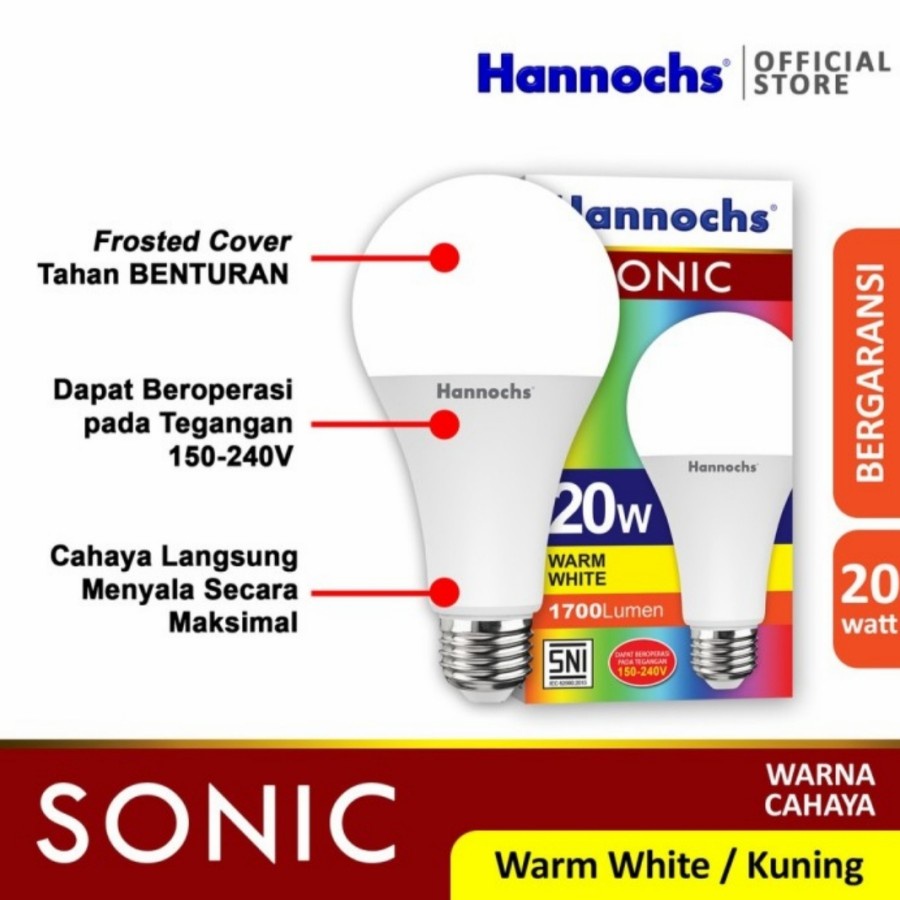 LAMPU HANNOCHS SONIC 20 WATT CAHAYA KUNING 3000K WARM WHITE