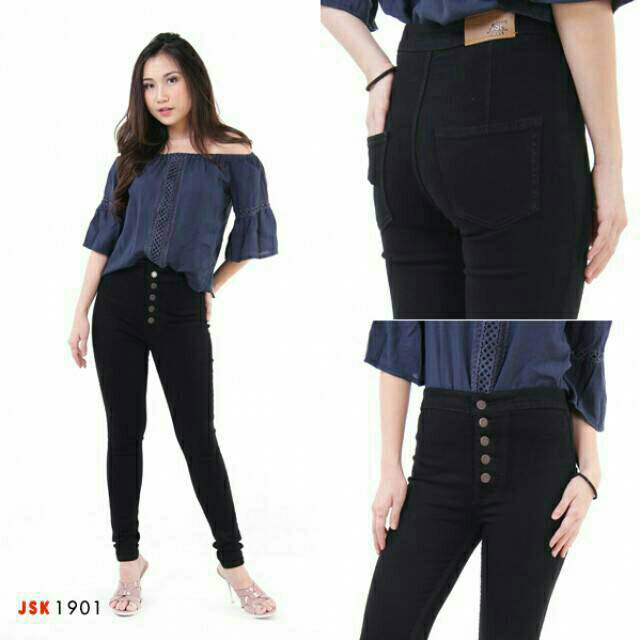 31-34 Celana Highwaist kancing 5 Big size Celana Jeans Wanita Levis bahan Denim