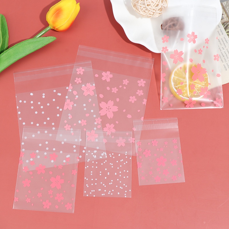 100pcs / Set Kantong Plastik Motif Polkadot / Bunga Sakura Holder Permen / Kue Kering Untuk Hadiah