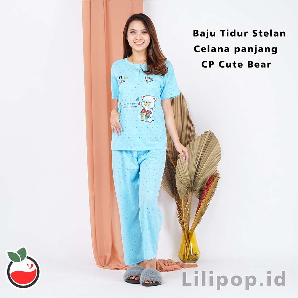 Lilipop.id  Baju Tidur Wanita CP Cute Bear Setelan Piyama BabyDoll Kaos Celana Panjang