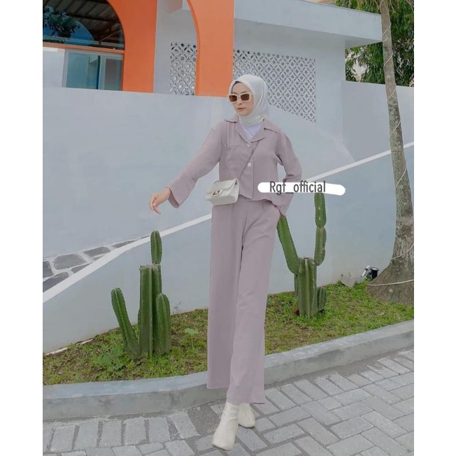 ONE SET CROP TOP BLEZER || KEMEJA CROP CRINGKLE || SET WANITA-CREAM