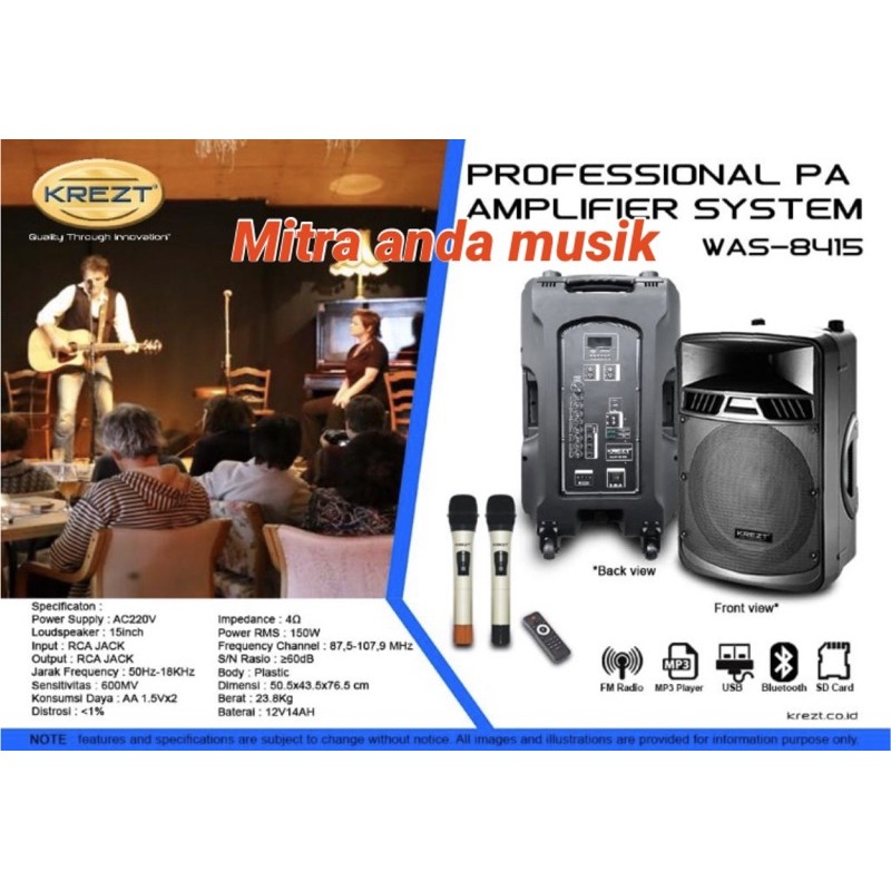 Speaker aktif 15" wireless portable meeting bluetooth usb krezt was8415