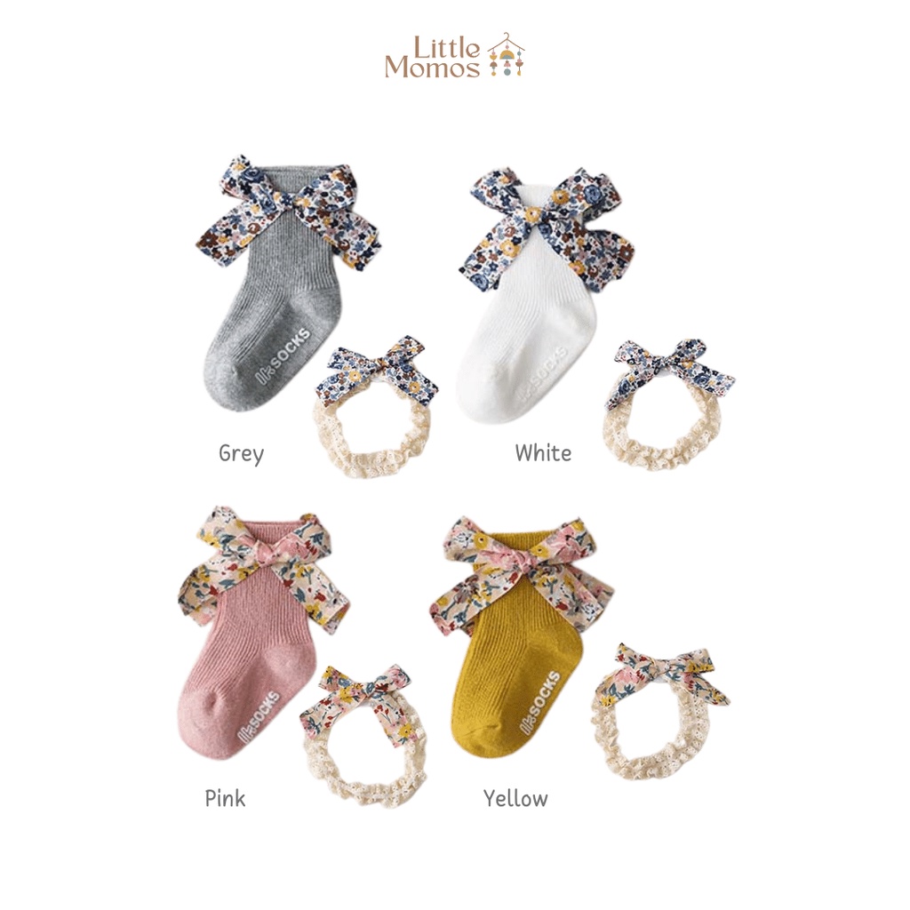 Little Momos Set Kaos Kaki Bandana Premium Korean Style Flower 0-1 Tahun / Bandana Set Premium / Gift Set For Newborn Hampers