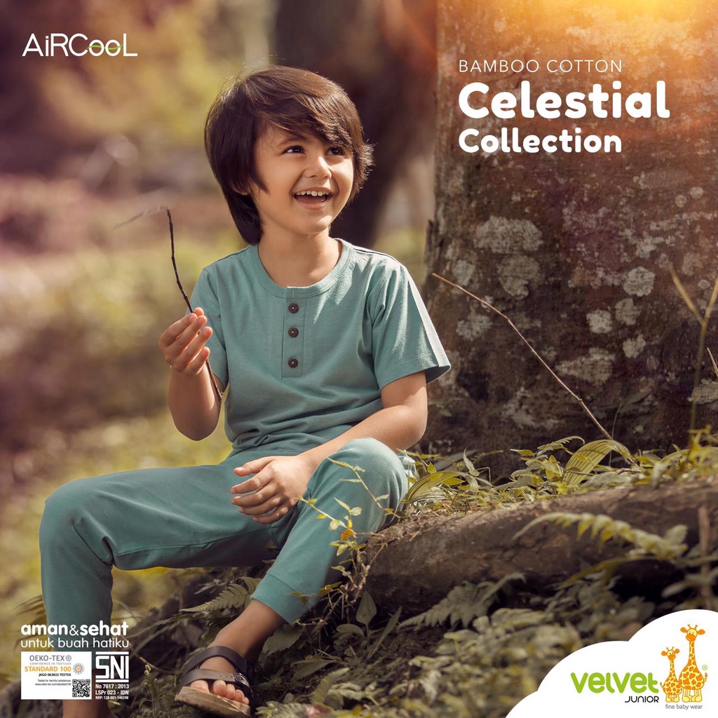 Castle - Velvet Junior Bamboo Cotton AirCool Setelan Baju Pendek Kancing Dada + Celana Panjang Celestial Series Size L/XL/2/3/4/5