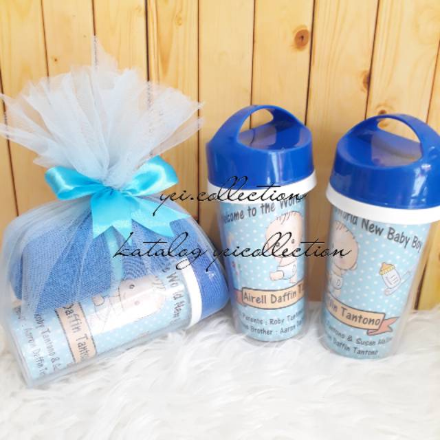 Pre Order - Souvenir Hampers Tumbler + Handuk Bordir Custom | Untuk Bayi, Ultah, Wedding, Aqiqah | P