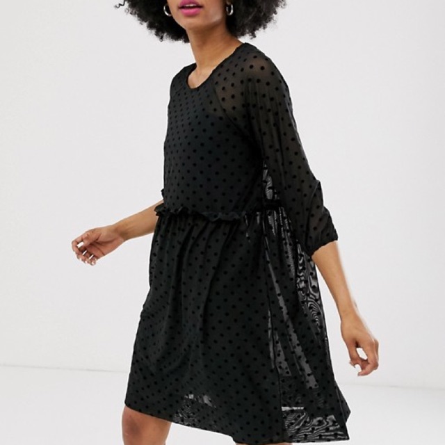 Monki dot print mesh mini smock dress in black