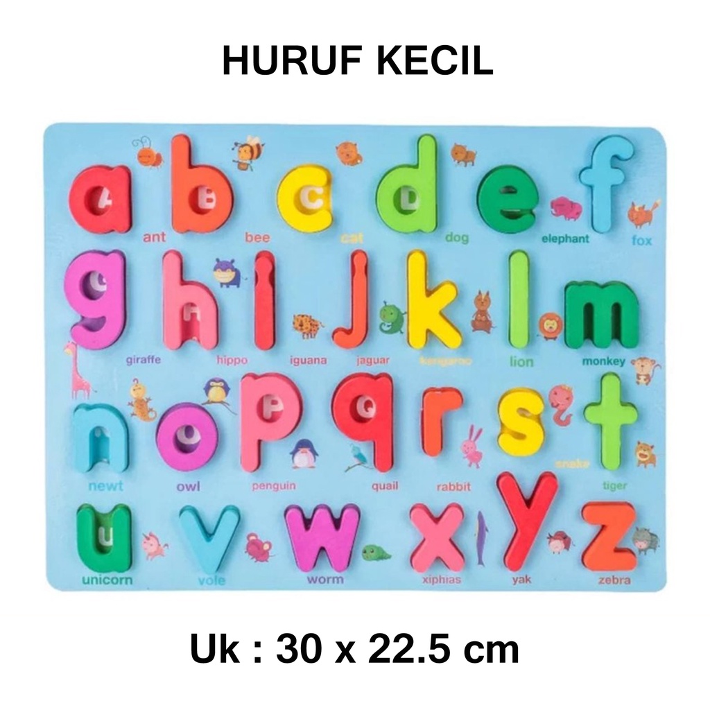 Mainan Edukasi Anak Basic Shape Kayu Balok Geometri Puzzle 3D Montessori Sensory Xylophone Jam Angka-PUZZLE HURUF KECIL