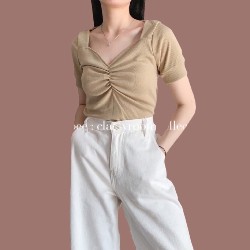 LESYA TOP BAJU ATASAN BLOUSE WANITA BAHAN RIB RAJUT KNIT LENGAN PENDEK V NECK VNECK V-NECK POLOS GREEN LATTE GREY WHITE BLACK FUCHSIA BROWN ARMY BRICK TERRACOTA BATA LAVENDER PURPLE PINK LIGHT GREEN TEA PASTEL GREEN DARK BLUE