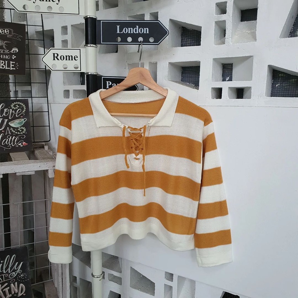 Atasan Wanita Sweater Crop Kerah Fuji Tali Bahan Rajut Korean Style Terbaru