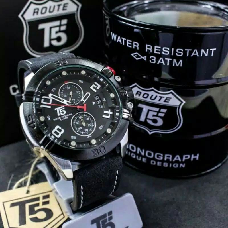 JAM TANGAN PRIA COWOK T5 ORI T 5 ORIGINAL TALI KULIT BAGUS . CRONO AKTIF STOPWATCH
