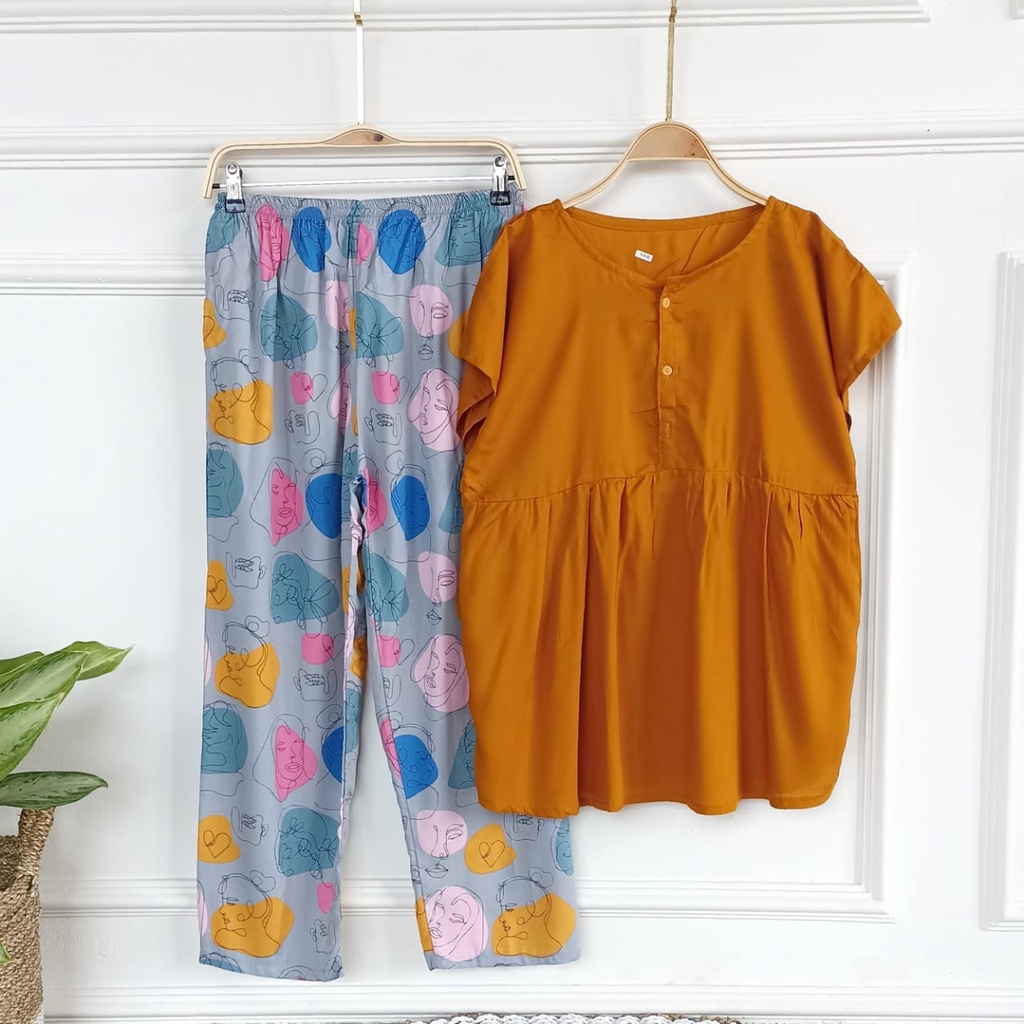 SETELAN BAJU TIDUR PIYAMA WANITA ONE SET PAJAMAS RUFFLE KANCING BUSUI CELANA PANJANG-BBR 10