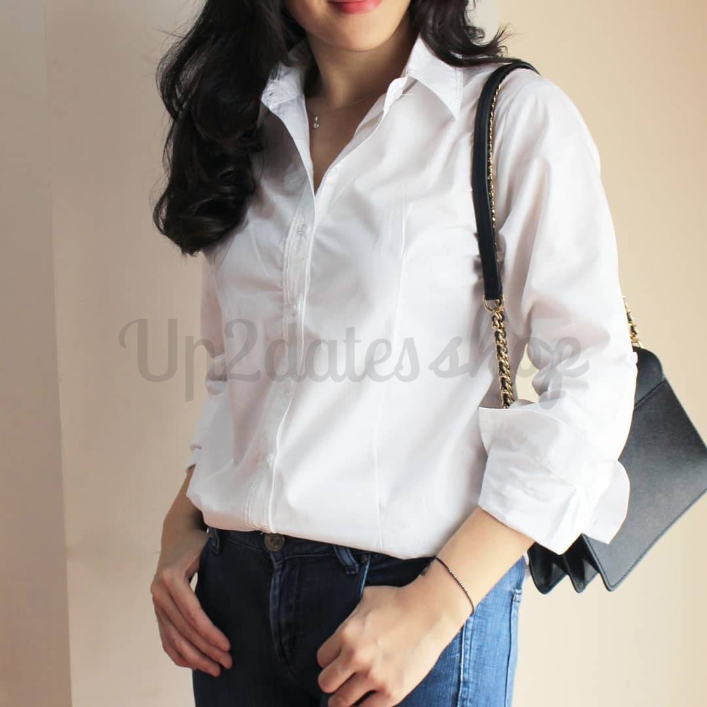 Kemeja Wanita Cewek Warna Putih Polos Atasan Lengan Panjang Kerja Modern Size M L XL Jumbo XXL XXXL-3