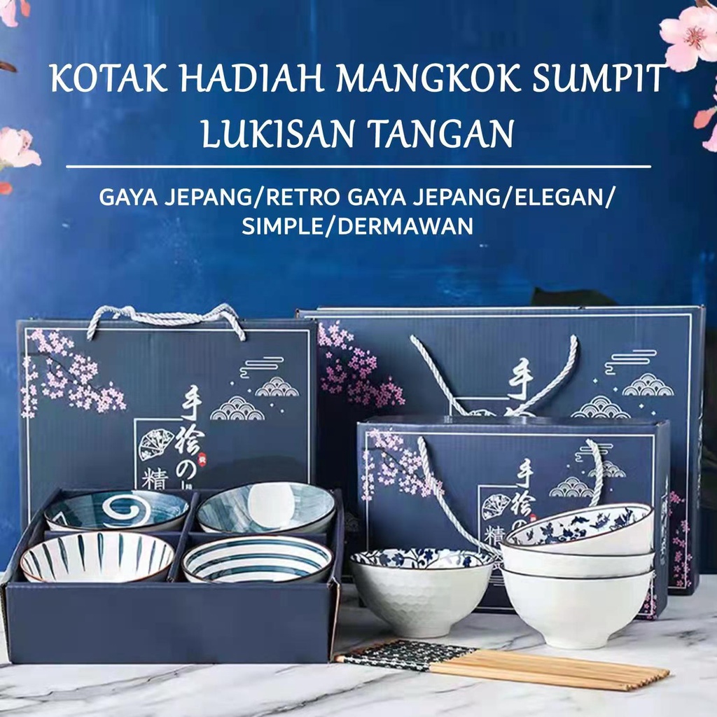 Souvenir mangkuk set porselen biru dan putih bermutu tinggi mangkuk keramik kotak hadiah mangkuk Jepang kado pernikahan Mangkok Keramik/hadiah ulang tahun