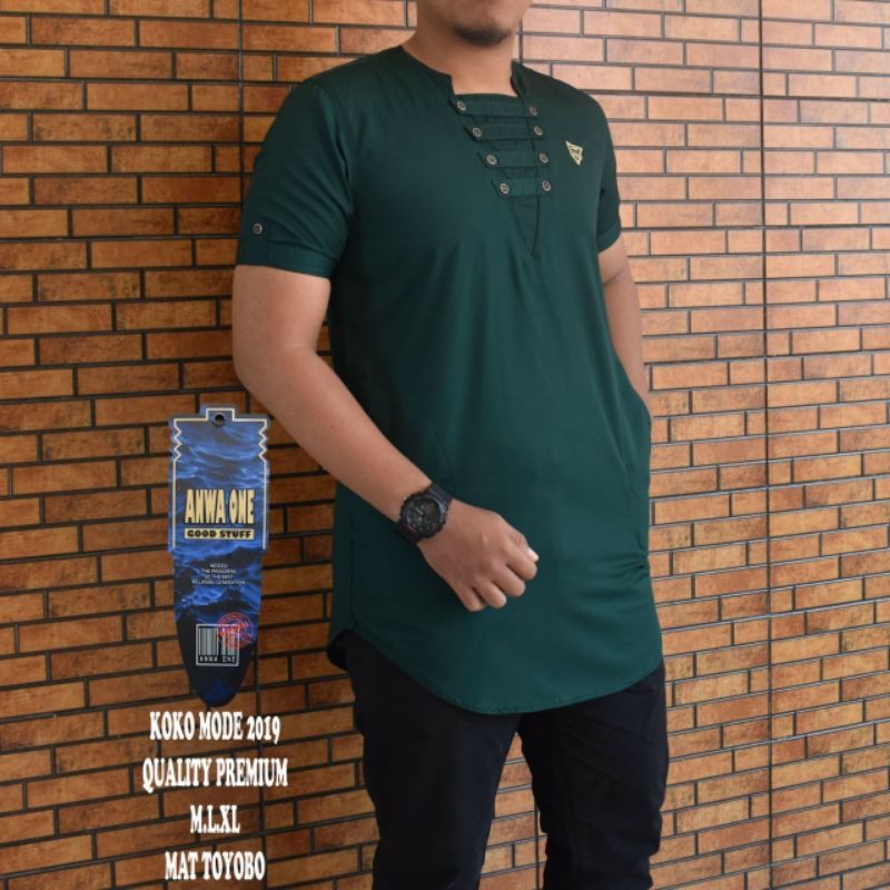baju koko original model china lengan pendek hijau