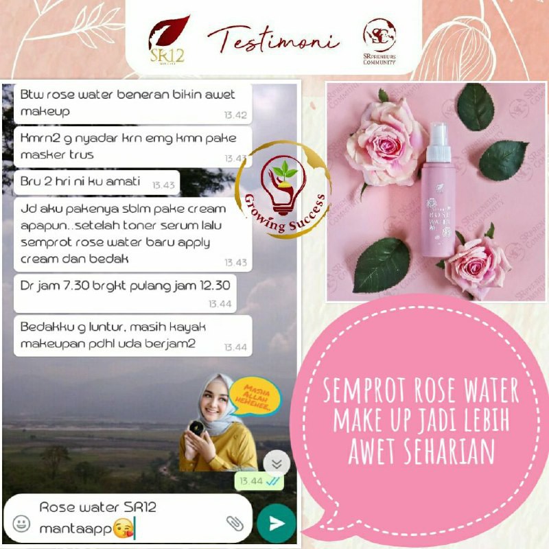 Nature Rose Water SR12 - Membuat Make UP Tahan Lama - Untuk Kulit Normal Flek Hitam dan Berminyak