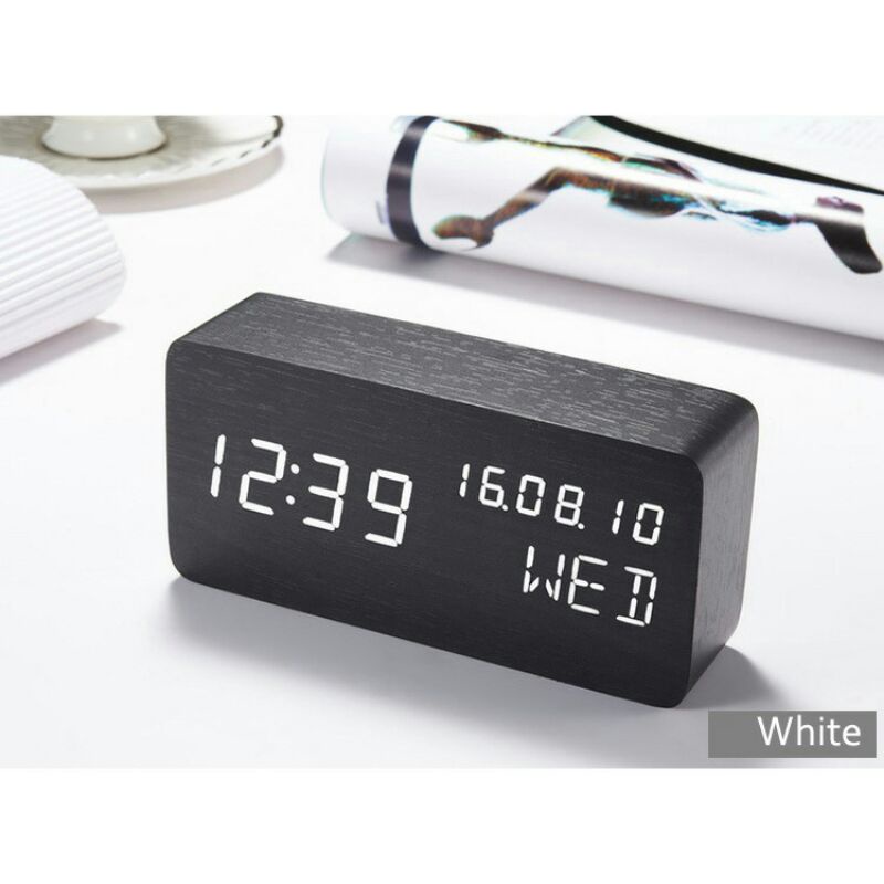 Jam Weker Alarm Motif Kayu Digital Voice Control Tx602-Black White