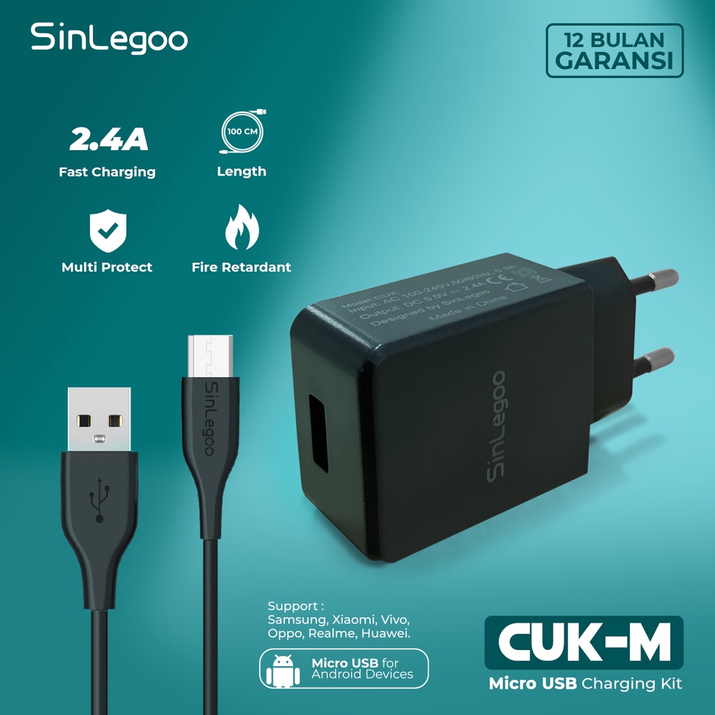 KHANZAACC SINLEGOO CUK-M Wall Charger Plus Kabel Data 2.4A Micro USB Single Port