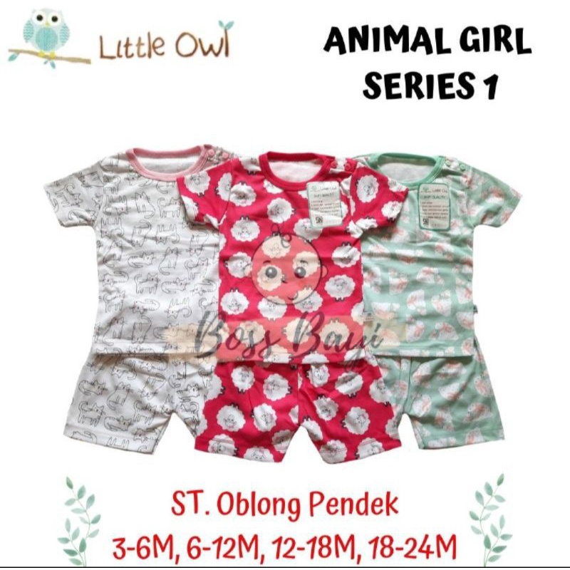 LITTLE OWL Setelan Oblong Pendek Kancing Pundak 3-6M, 6-12M, 12-18M, 18-24M Motif Girl