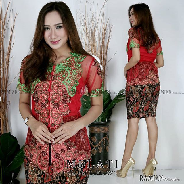 Setelan Kebaya Tile Payet Merah Mix Plisket Pendek / Kebaya Modern