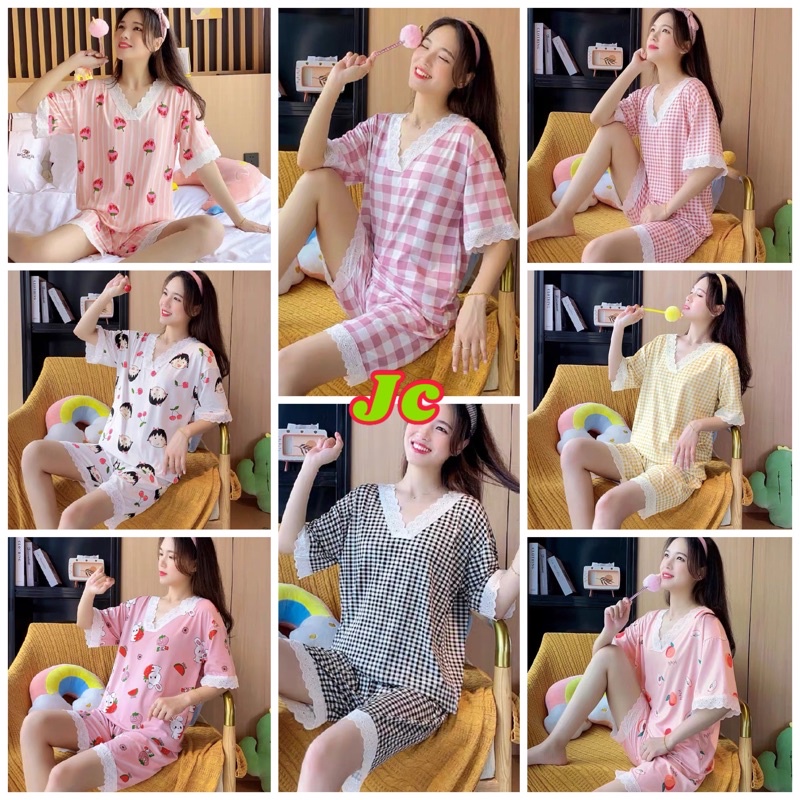 JC- Set Piyama V Lace HP / Stelan Piyama Santai Murah / piyama wanita Import kekinian / Grosir Piyama Import