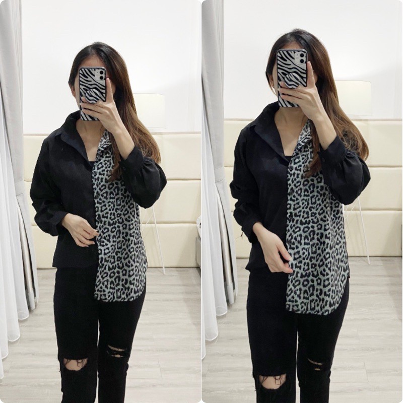 Kemeja kombi leopard / kemeja twotone / tshirt wanita / kemeja casual wanita K 11030