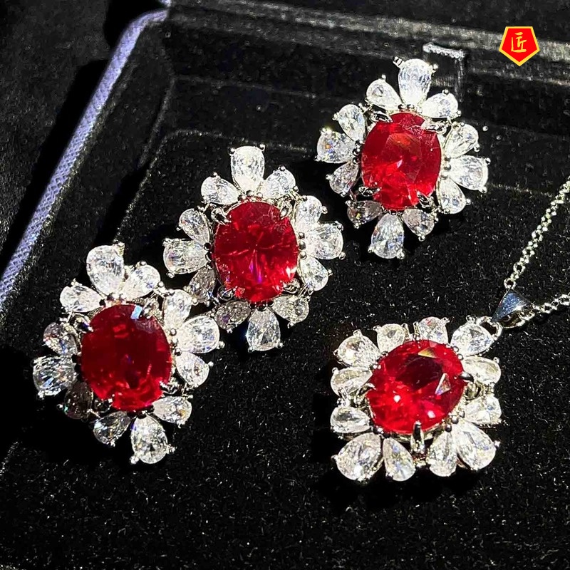 [Ready Stock]Full Diamond Ruby Rings Ear Studs Necklace Set