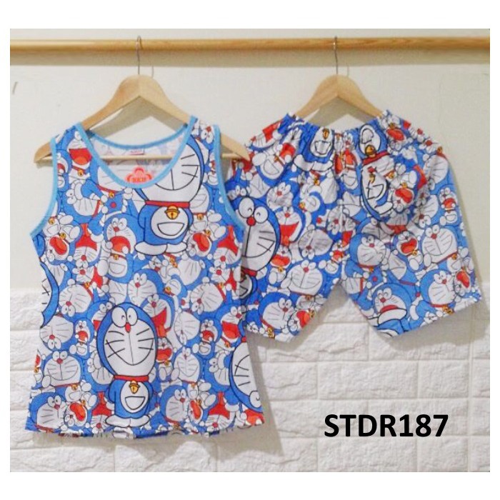 Setelan Tanktop Kaos Doraemon Full Print SoftBlue