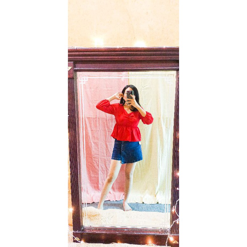Korean Baby Doll Merah Sifon Lengan Balon • Atasan Blouse Baju Import Murah Bangkok Berkualitas