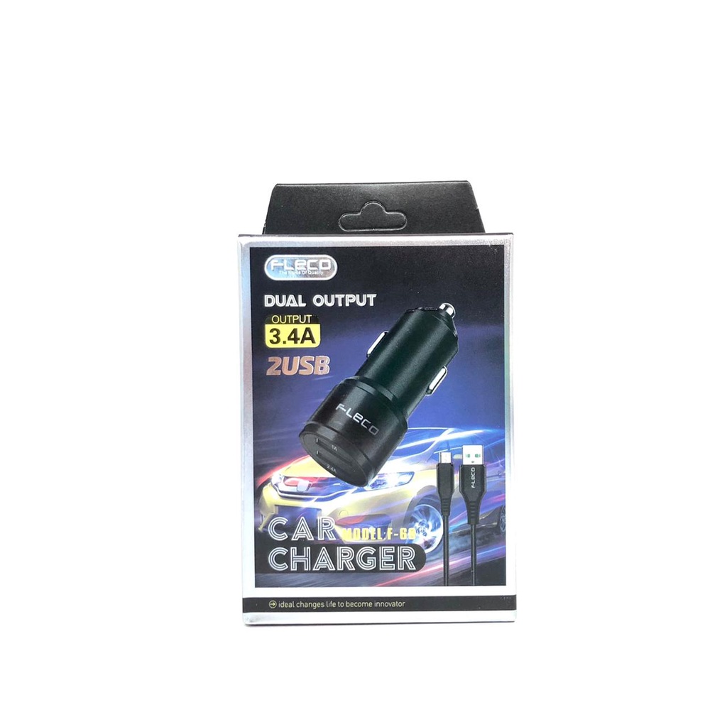 PROMO Car charger 2usb plus kabel micro fleco f68/f88 3.4A/Saver Mobil 2usb plus kabel Micro fleco f68 by sultan