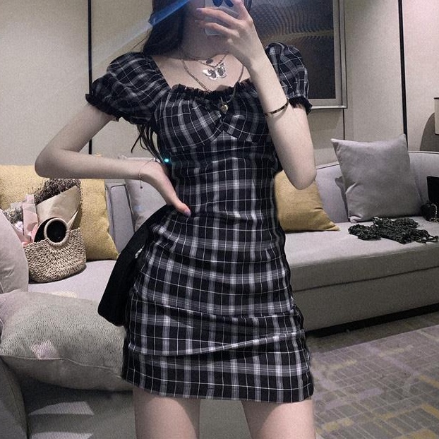 Korean Tartan Puff Sleeve Mini Dress 2401 (S-XL)