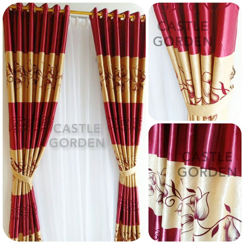 gorden tirai jendela/pintu blackout import model smokring warna terang merah gold ukiran bunga tulip