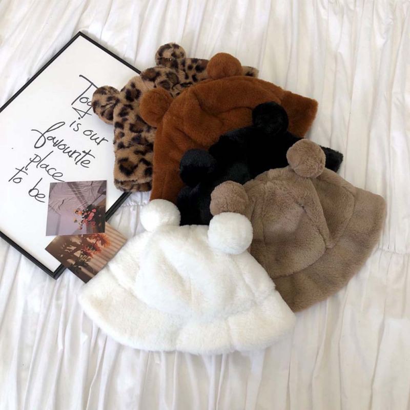 Topi Bucket Bulu Telinga Karakter Animal fluffy bear Topi Bucket Bulu Telinga Karakter Animal fluffy bear