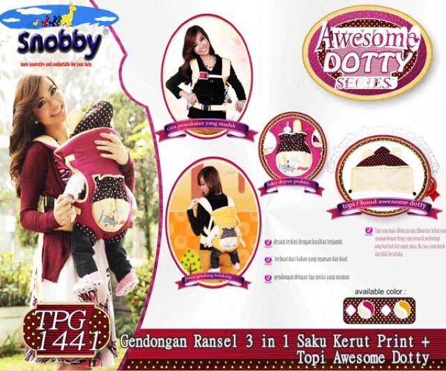 Gendongan Bayi Snobby Ransel 3 in 1 Saku Kerut Awesome Dotty TPG 1441