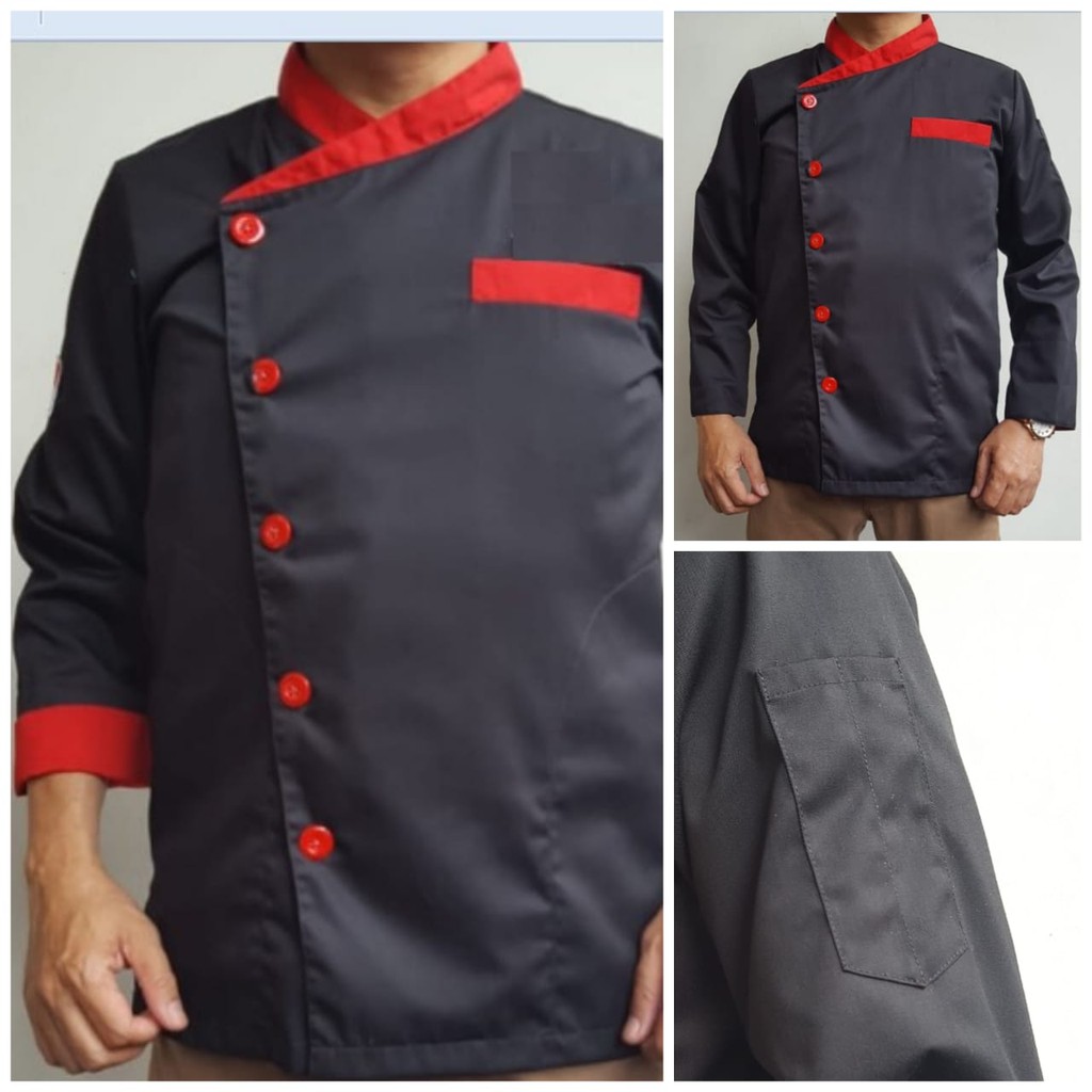 Baju Chef Pria Lengan Panjang Hitam Strip Merah