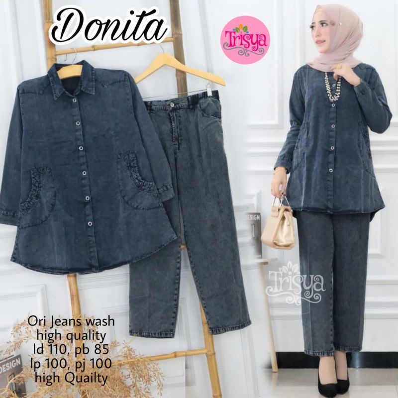 SETELAN WANITA DONITA SET JEANSWASH SNOW BLACK