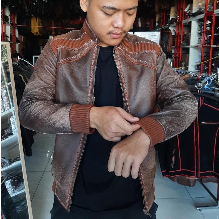 Jaket Kulit Domba Asli Pria Sulam Wast Elegant Brownie 033 Ariel Noah