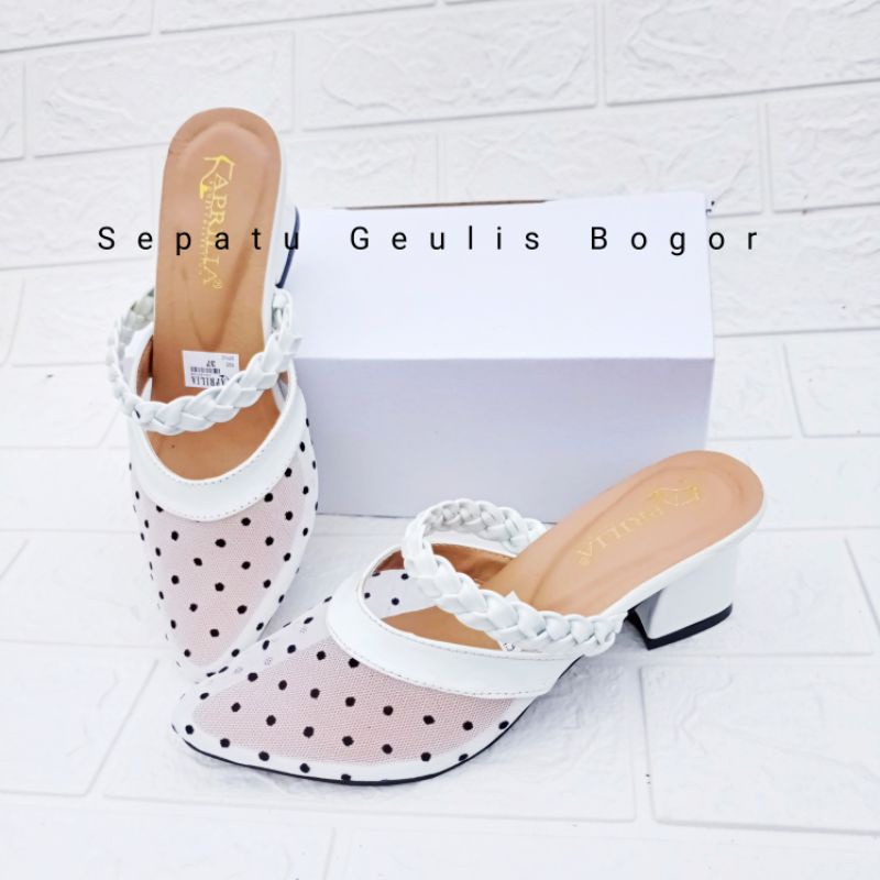 Aprilia sepatu sandal pesta wanita hak tahu 5cm/sandal bustong brukat kondangan kekinian/sepatu wanita slip on anti licin/sendal slop pesta