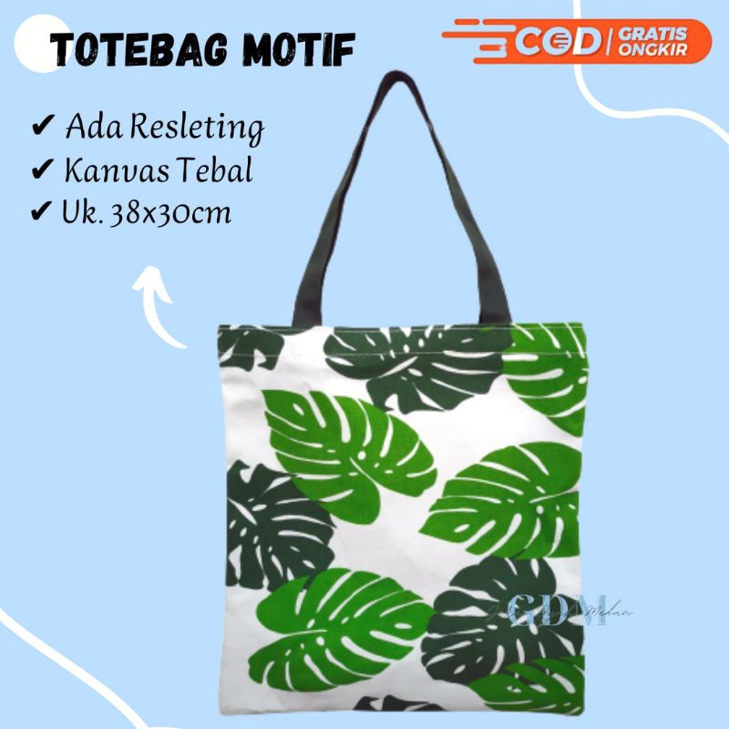 Tas Totebag Tote Bag Kanvas Canvas Resleting Tebal Motif Floral Daun Fashion Wanita Murah Kekinian