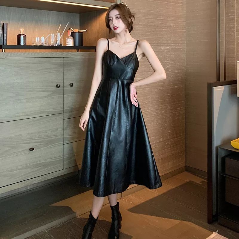 Gaun Kulit / Gaun Wanita Chic Fashion Tali Solid