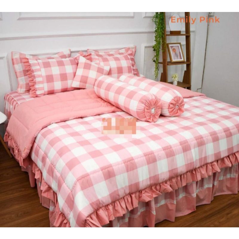 Sprei katun rumbai pengantin cantik set bedcover motif Emily Pink ukuran 180*200 T20