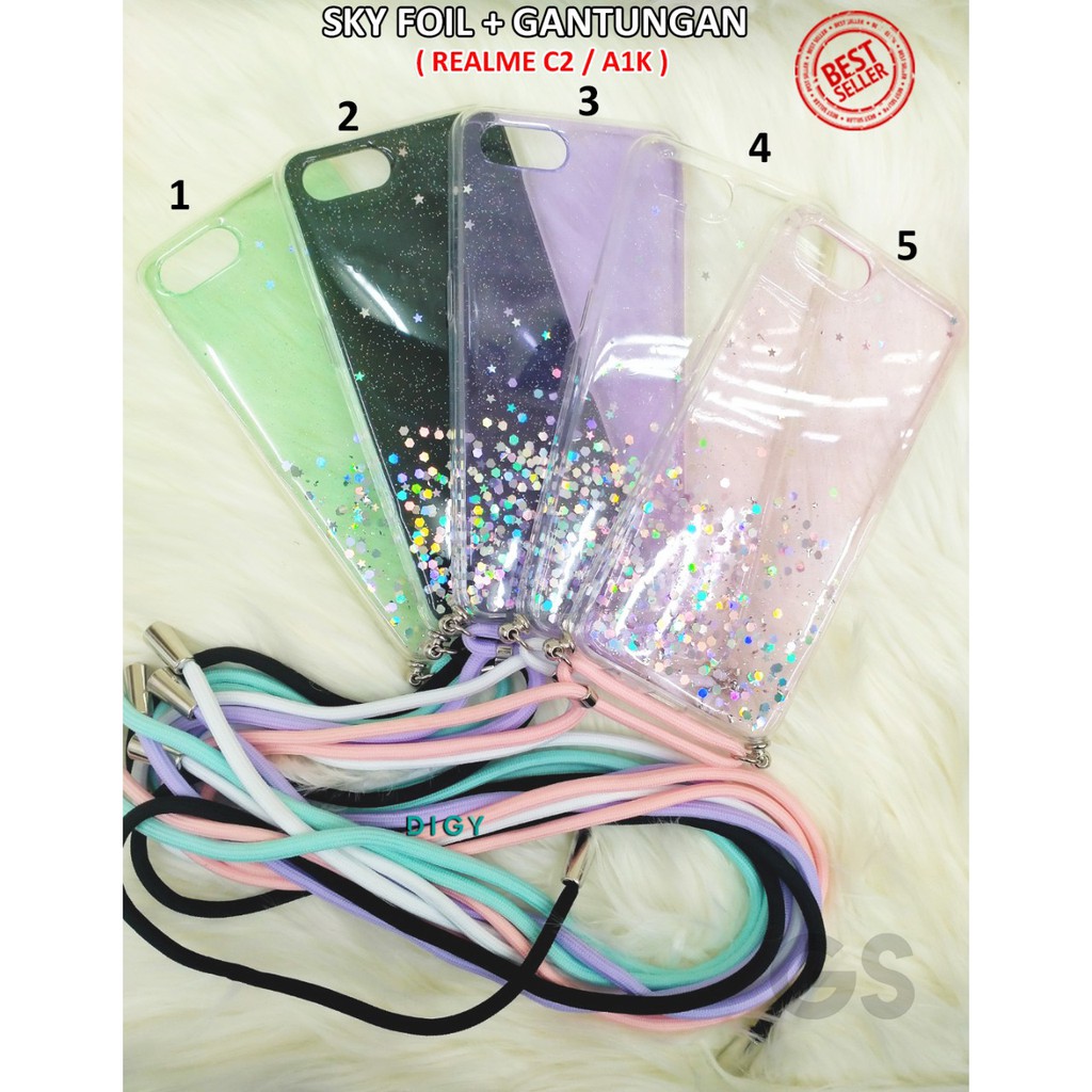 OPPO A15 A55 A53 A32 A33 F17 PRO RENO 4F A1K C11 A3S C15 A37 Case plus gantungan Sky Foil Tali Hp Lanyard