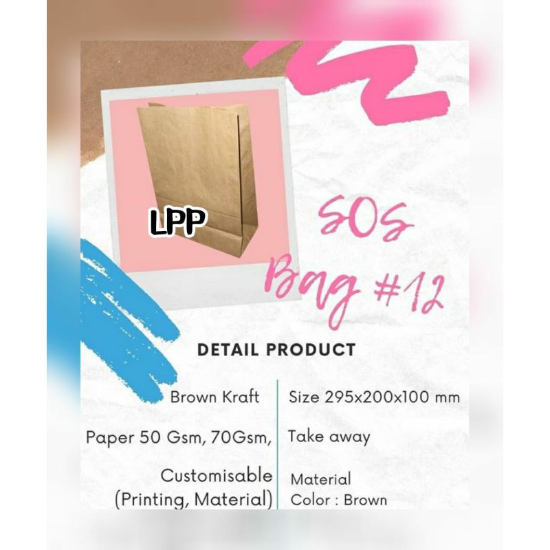 

{ Size XL } PAPER BAG SOS KODE 12 - KANTONG KERTAS KENTANG, ROTI DLL. HARGA PER PACK = 50 PCS.