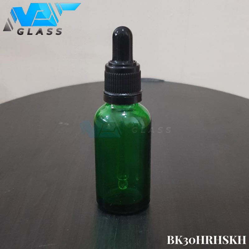 botol kaca pipet 30ml tebal hijau - ring segel hitam