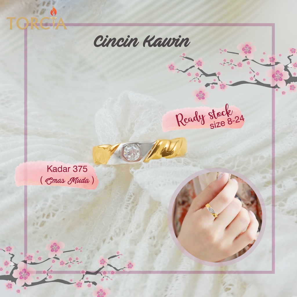 Cincin Kawin Emas Asli Mata Satu Tengah Putih Kadar 375 Torcia Gold