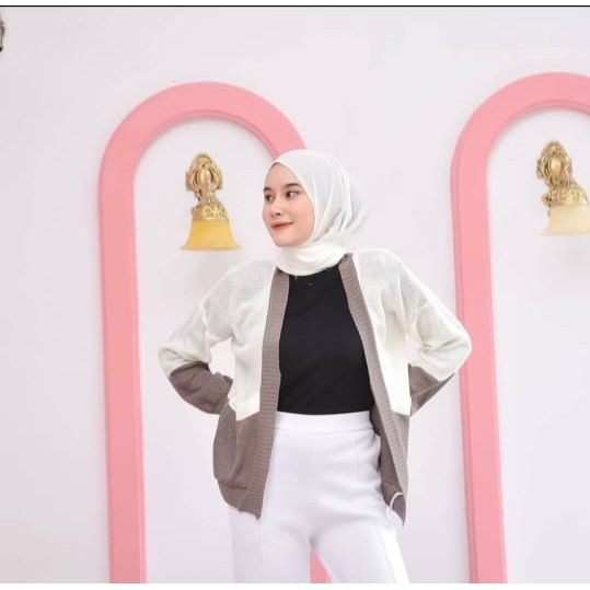 MARLINA Cardigan Rajut l  Cardy 2 Tone l Raat Kombinasi | Pakaian Rajut Wanita l Outerwear Wanita