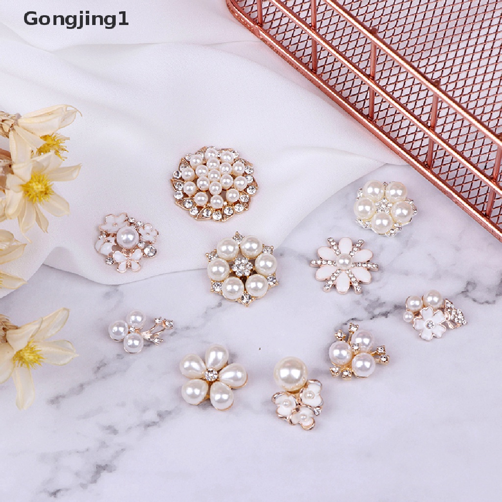 Gongjing1 10pcs Kancing Mutiara + Berlian Imitasi Flatback Untuk Kerajinan Tangan