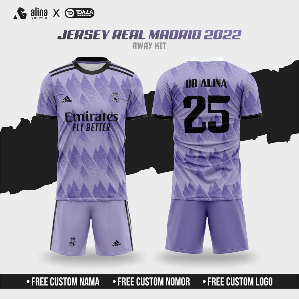 Jersey Real Madrid 2022 2023 Away Terbaru Full Print Free Request Nama Nomor Punggung Gratis Logo Fu
