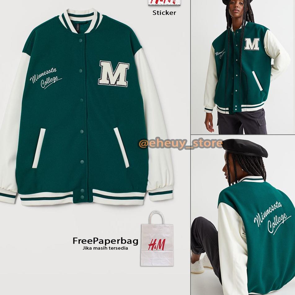 Barang Pilihan.. Jaket Baseball H&M Varsity jacket hnm Hijau Lengan Kulit Jacket Baseball pria wanit