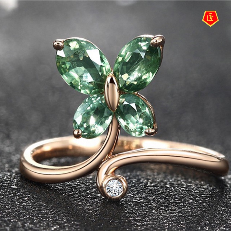 [Ready Stock]Rose Gold Green Crystal Butterfly Ring Simple Elegant Temperament